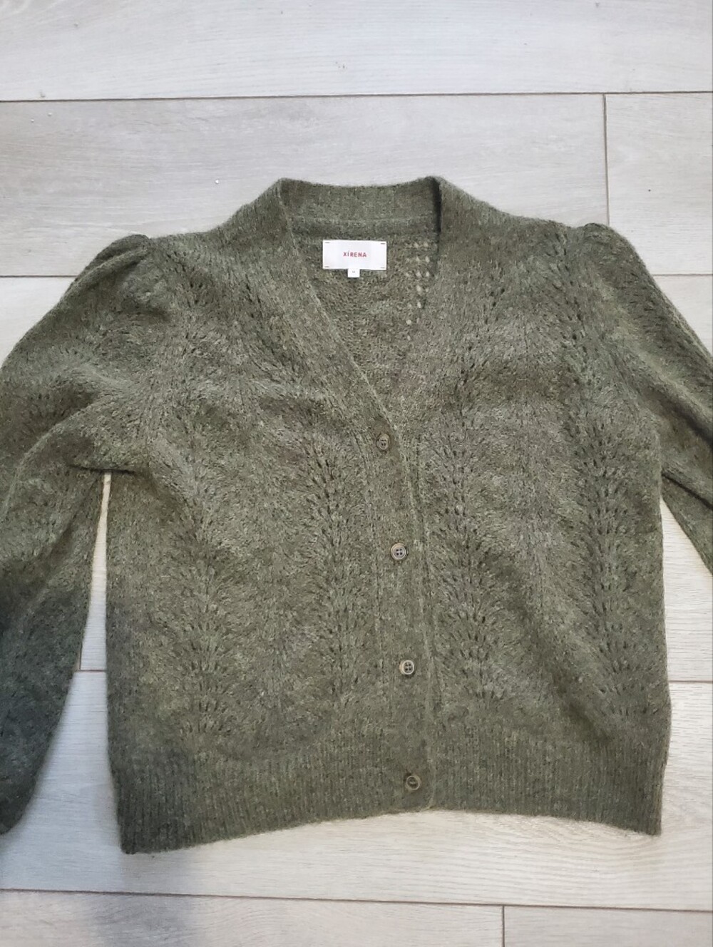 Xirena Milli Cropped Pointelle Cardigan Olive Green Baby Alpaca Wool Chunky Knit
